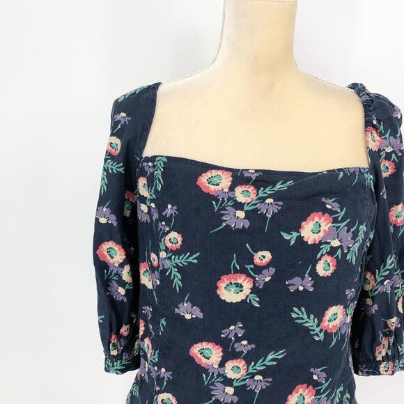 POLO RALPH LAUREN Blouse Sz 18 Linen Puff Sleeve Floral Print Navy Blue - Picture 5 of 12